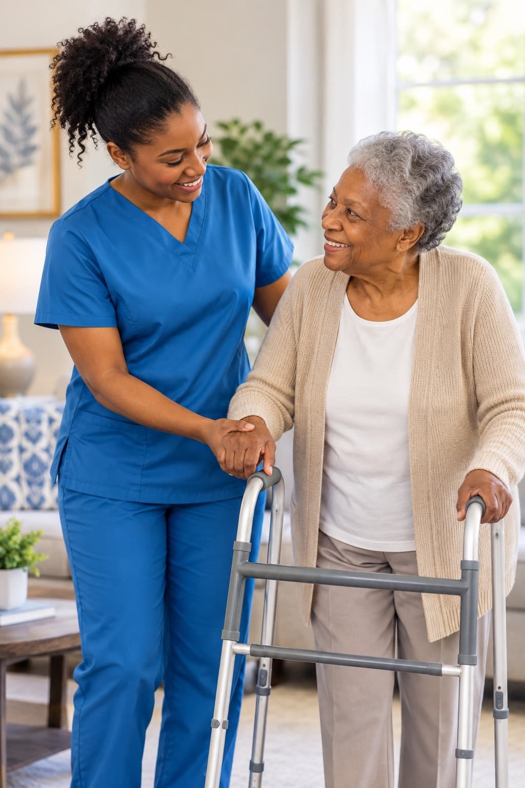 Caregiver visiting with a senior client at home