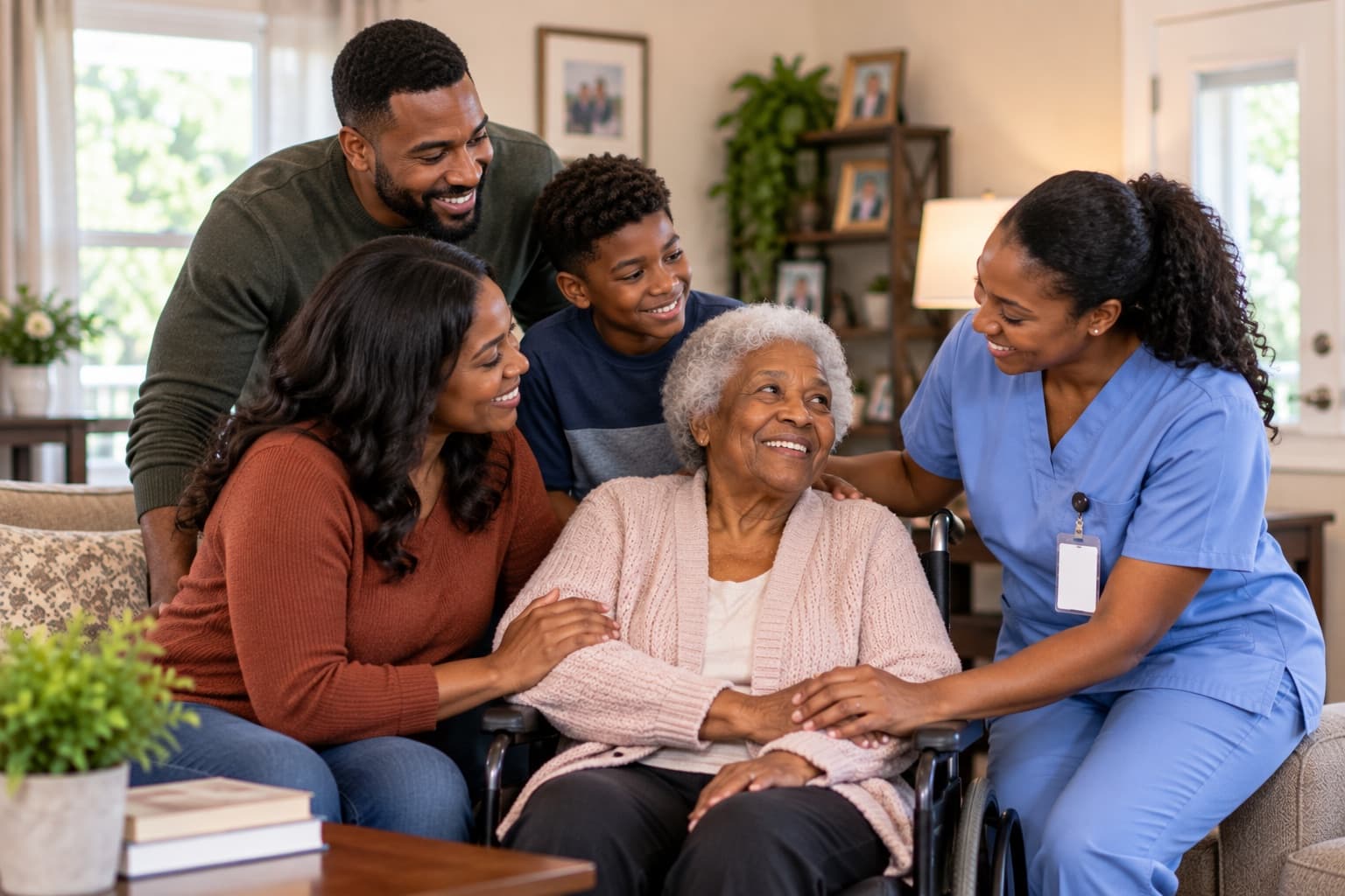 Family and caregiver together at home