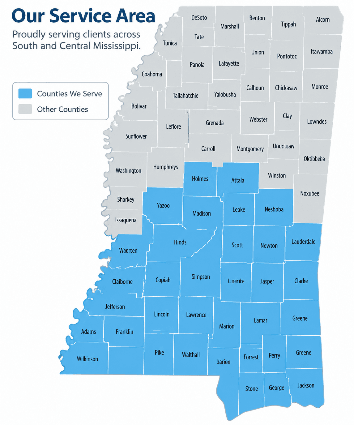 Map of the South and Central Mississippi counties Parkway Medical Homecare Services serves